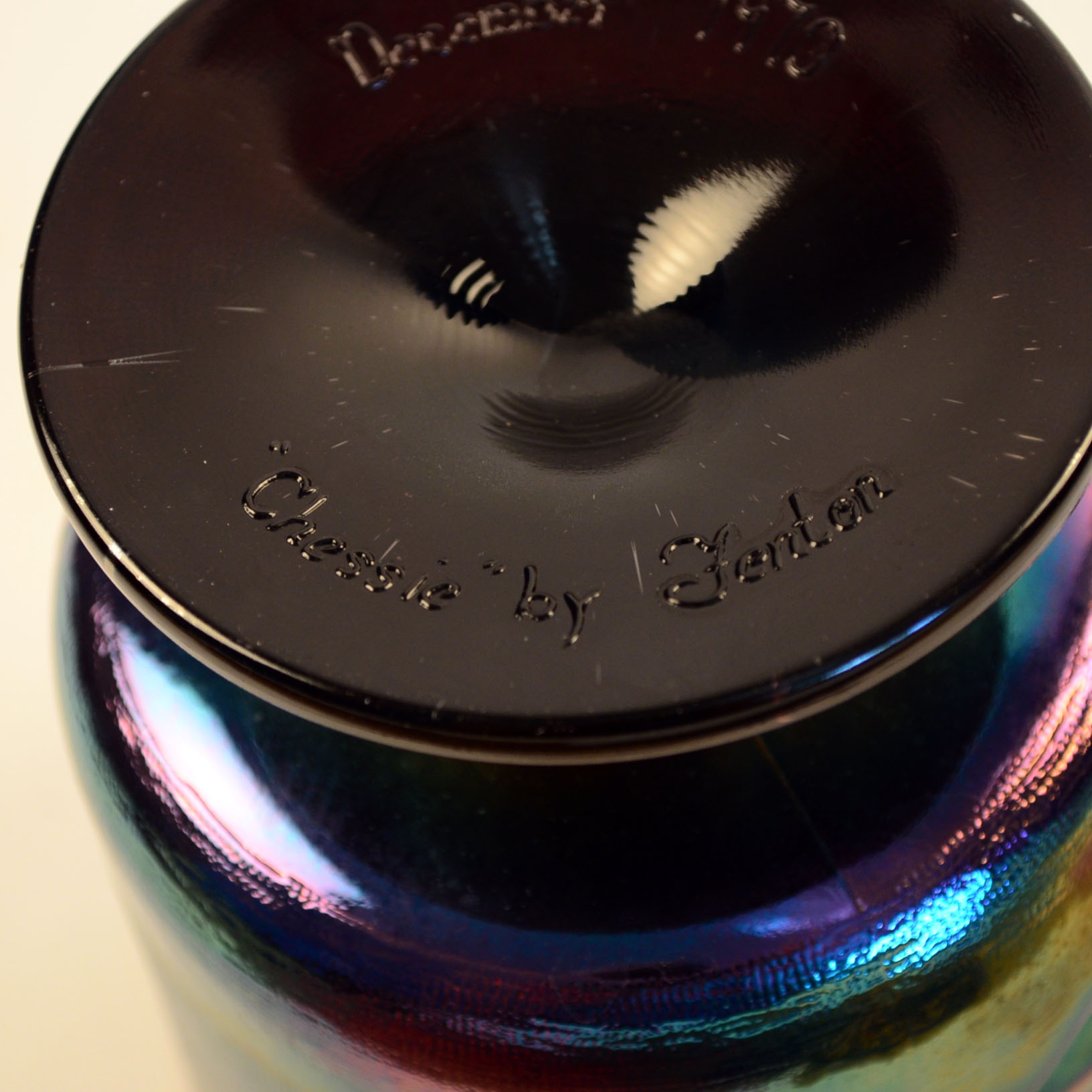 Fenton Blue/ Purple Carnival Glass Jar with Cat Motif