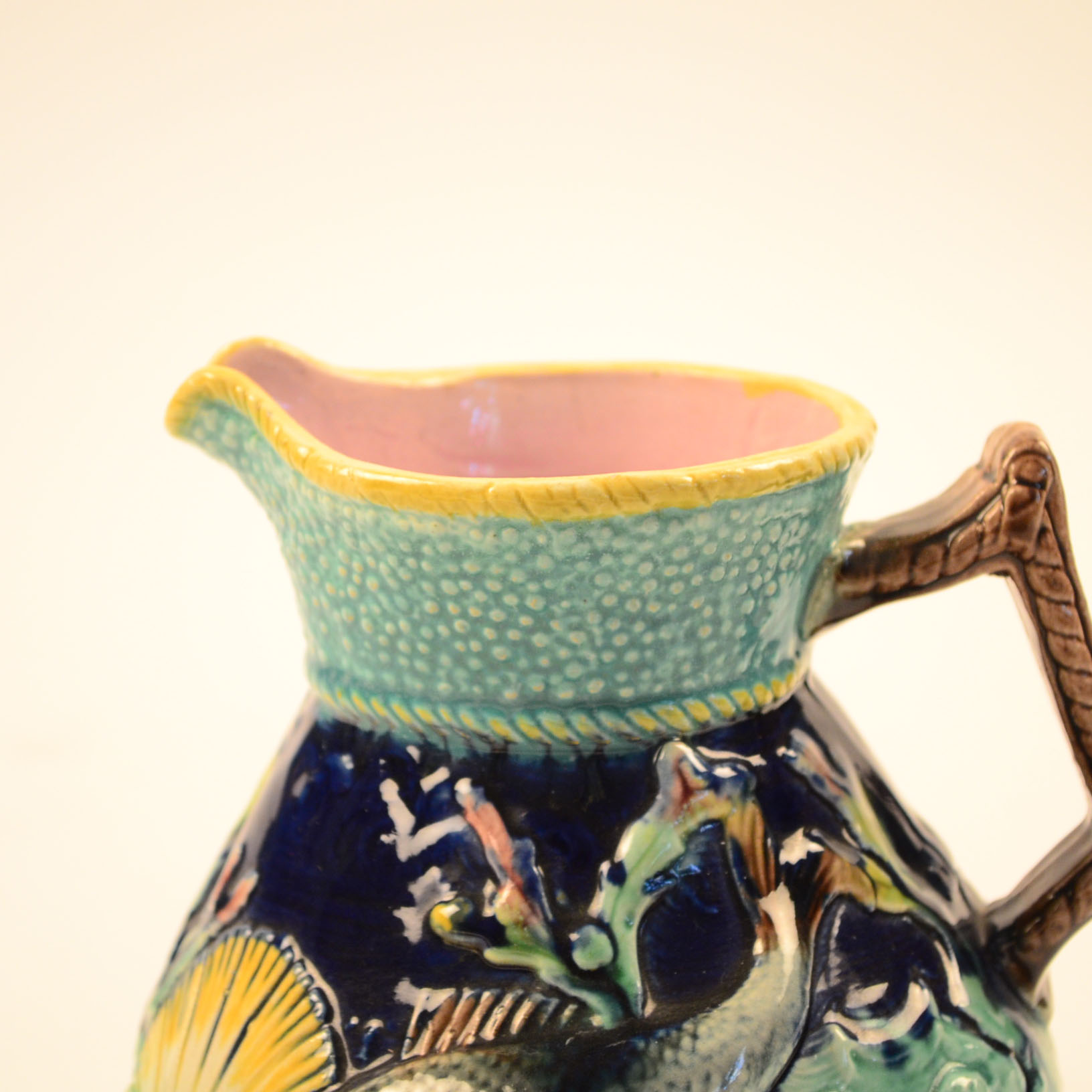 Majolica Hand-Painted Fish and Shell Ceramic Pitcher