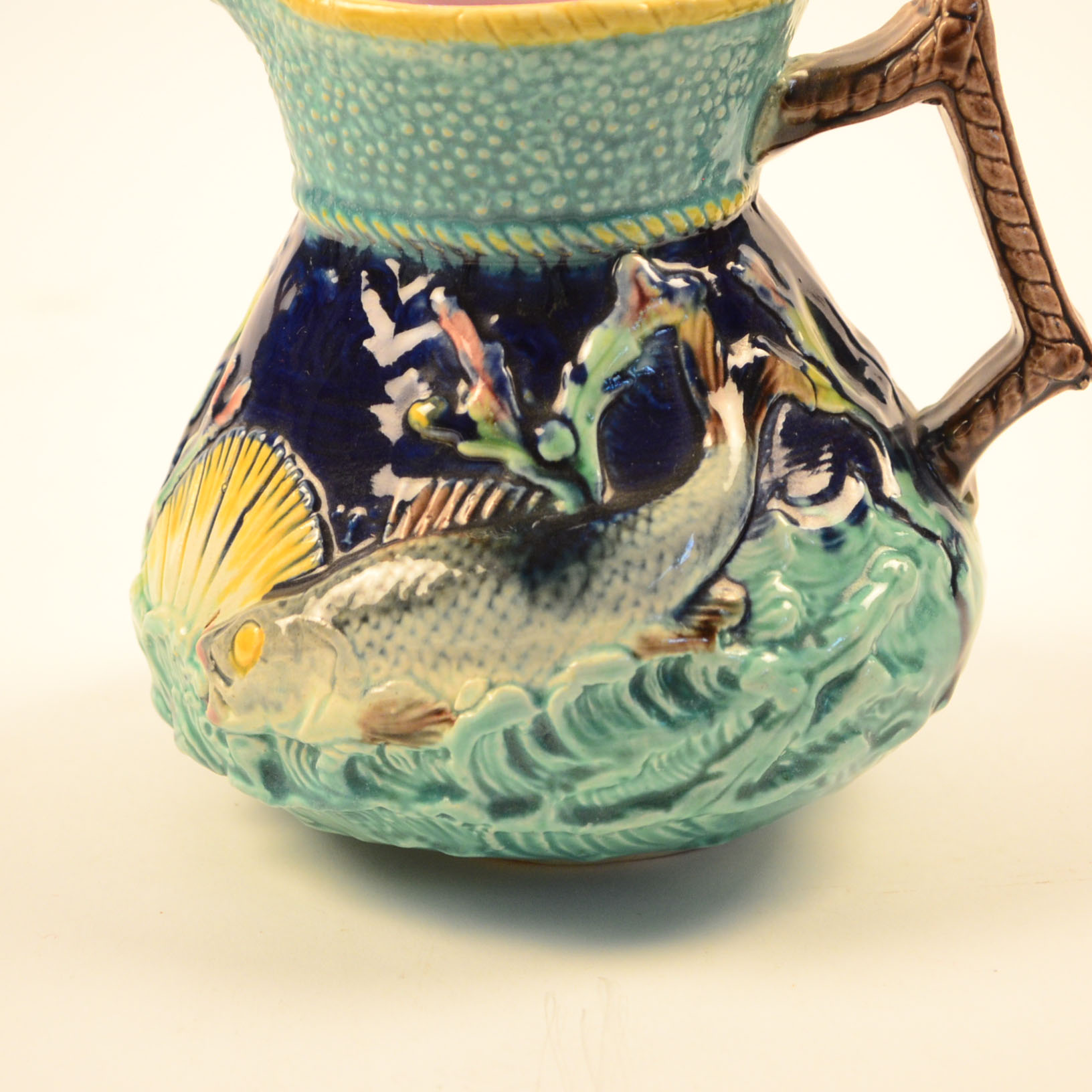 Majolica Hand-Painted Fish and Shell Ceramic Pitcher