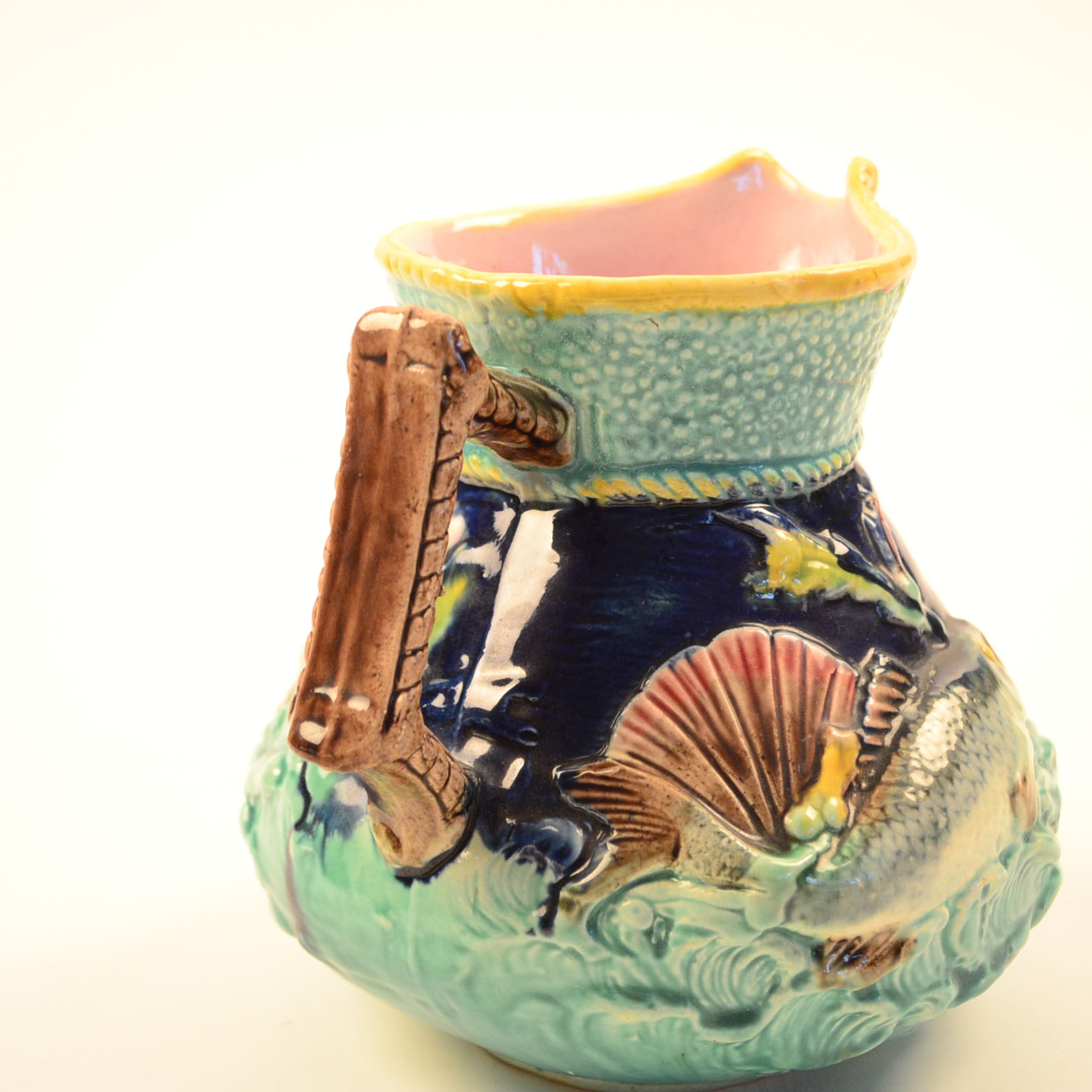 Majolica Hand-Painted Fish and Shell Ceramic Pitcher