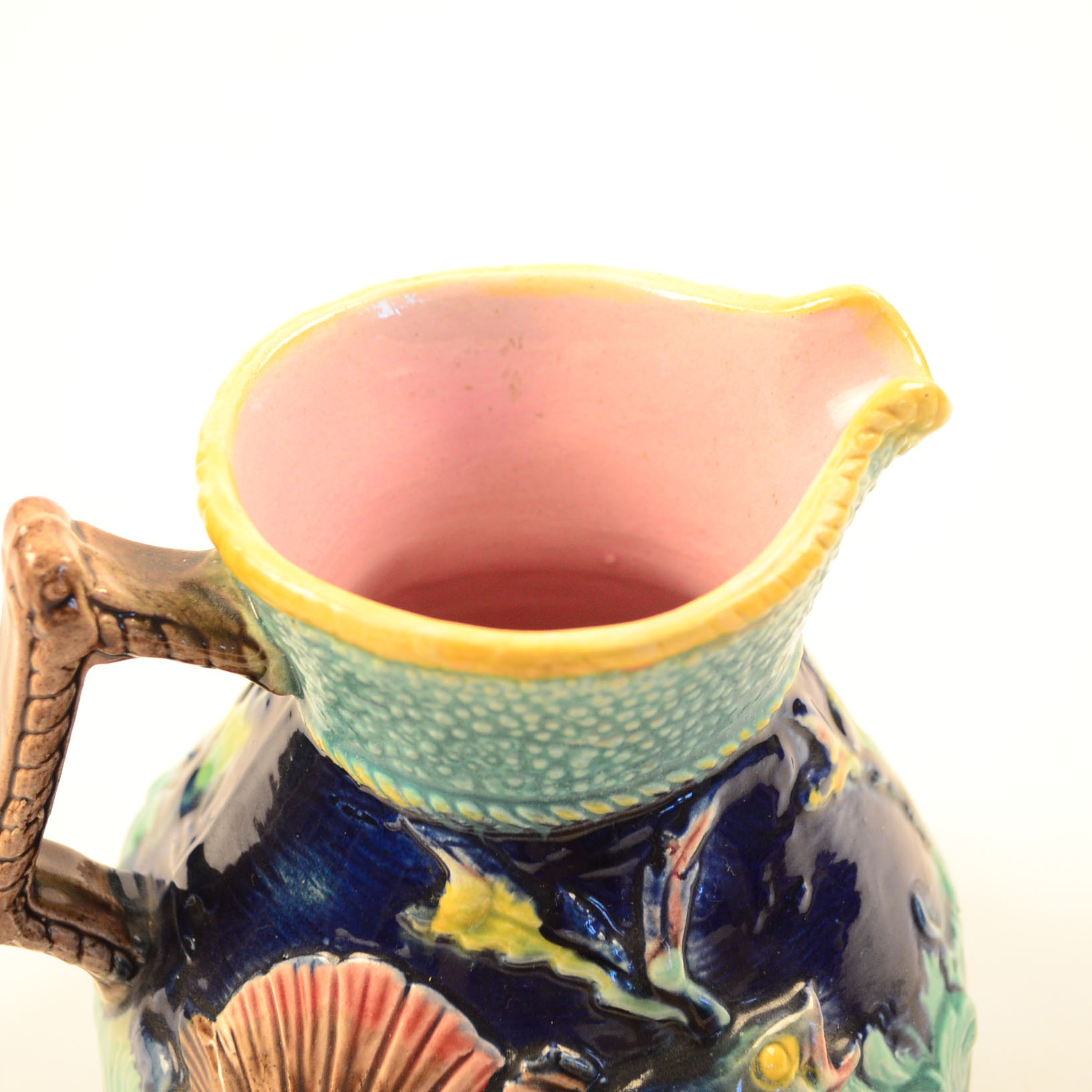 Majolica Hand-Painted Fish and Shell Ceramic Pitcher