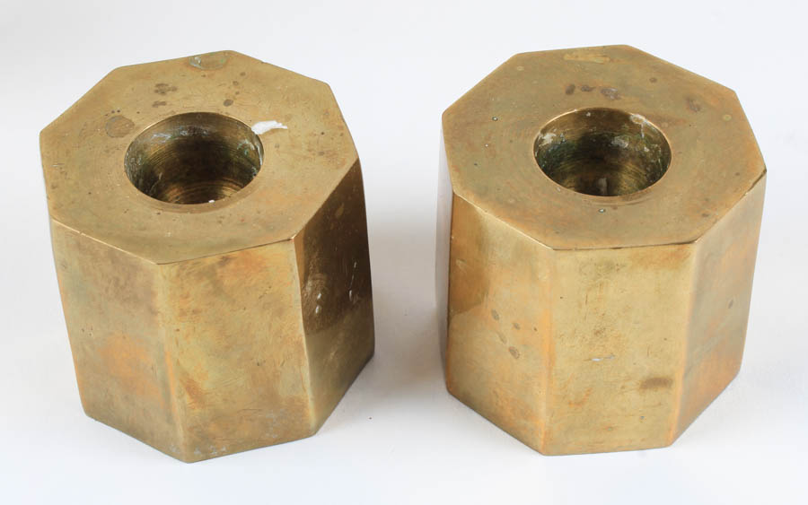 Grouping of Footed Brass Bowl and Candlesticks