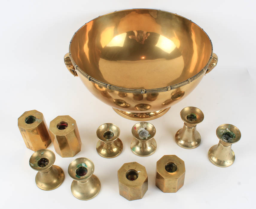 Grouping of Footed Brass Bowl and Candlesticks