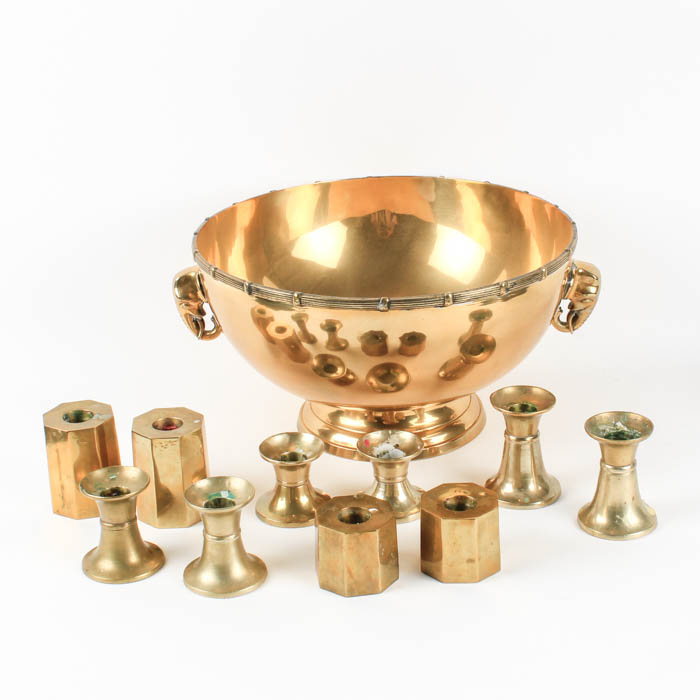 Grouping of Footed Brass Bowl and Candlesticks