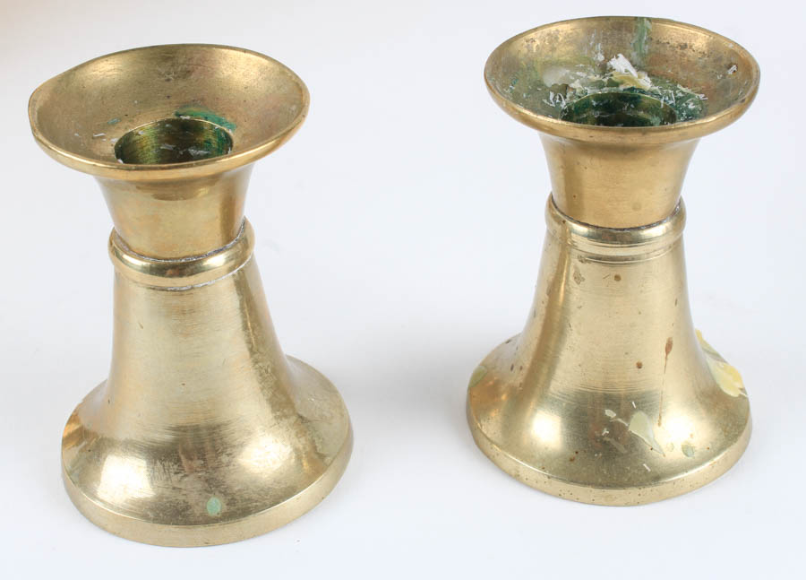 Grouping of Footed Brass Bowl and Candlesticks