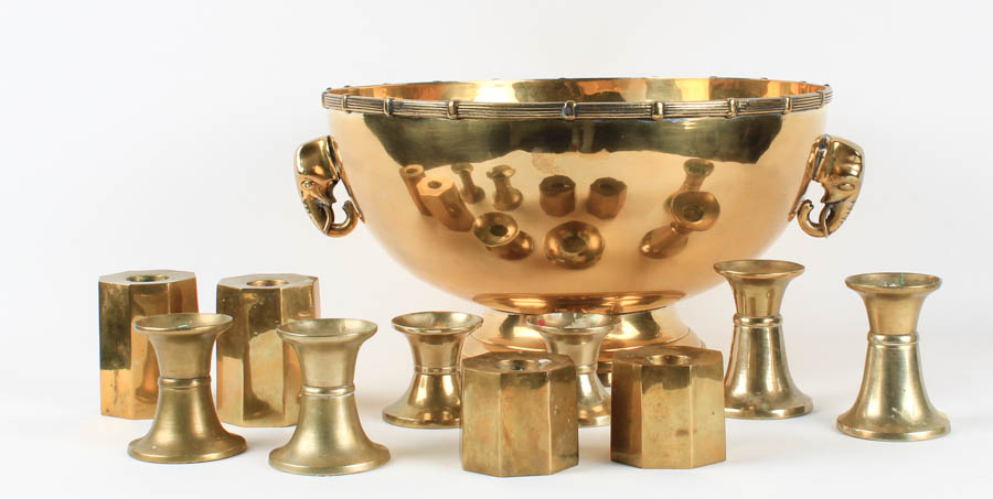 Grouping of Footed Brass Bowl and Candlesticks