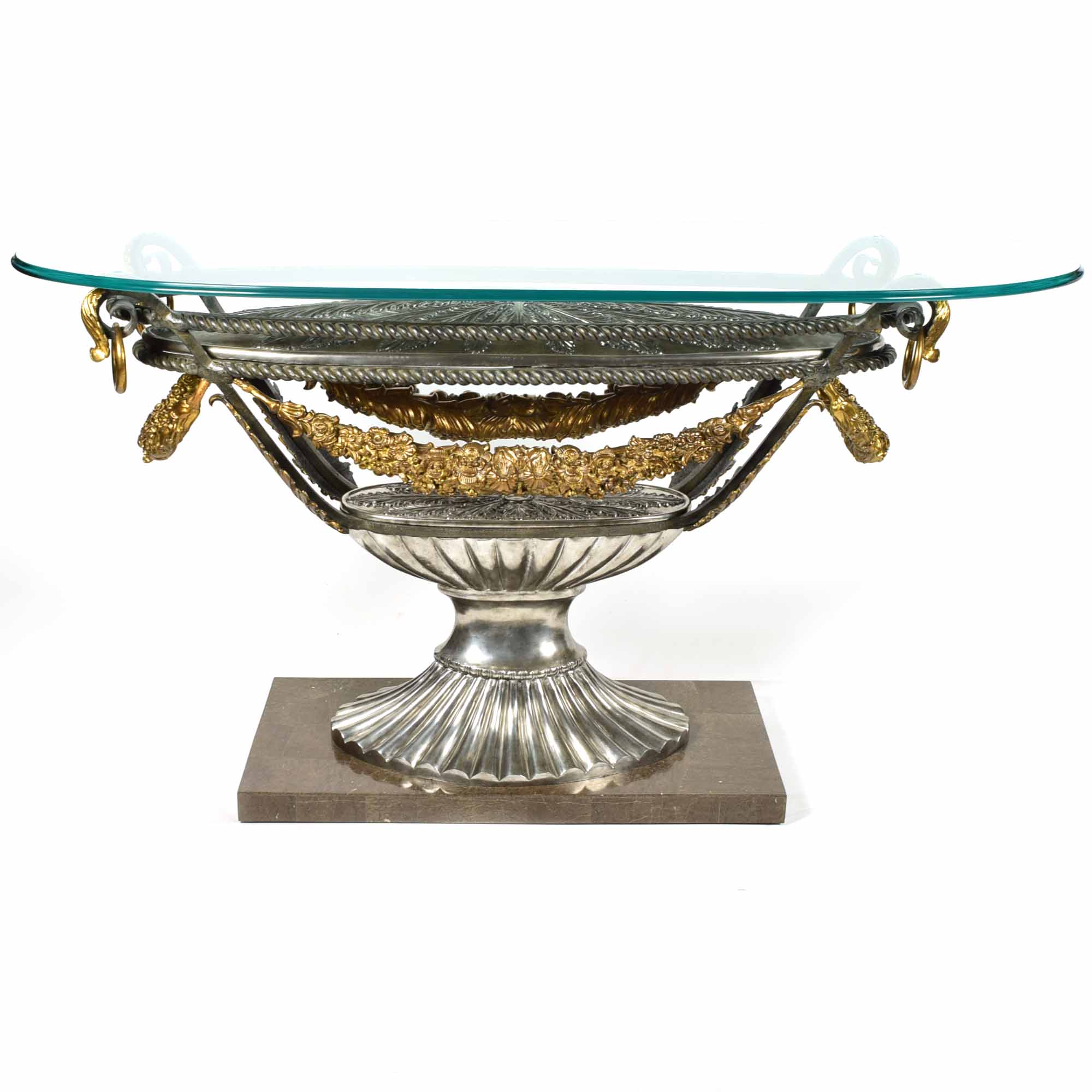 Rococo Style Glass Top Wrought Iron and Brass Console Table