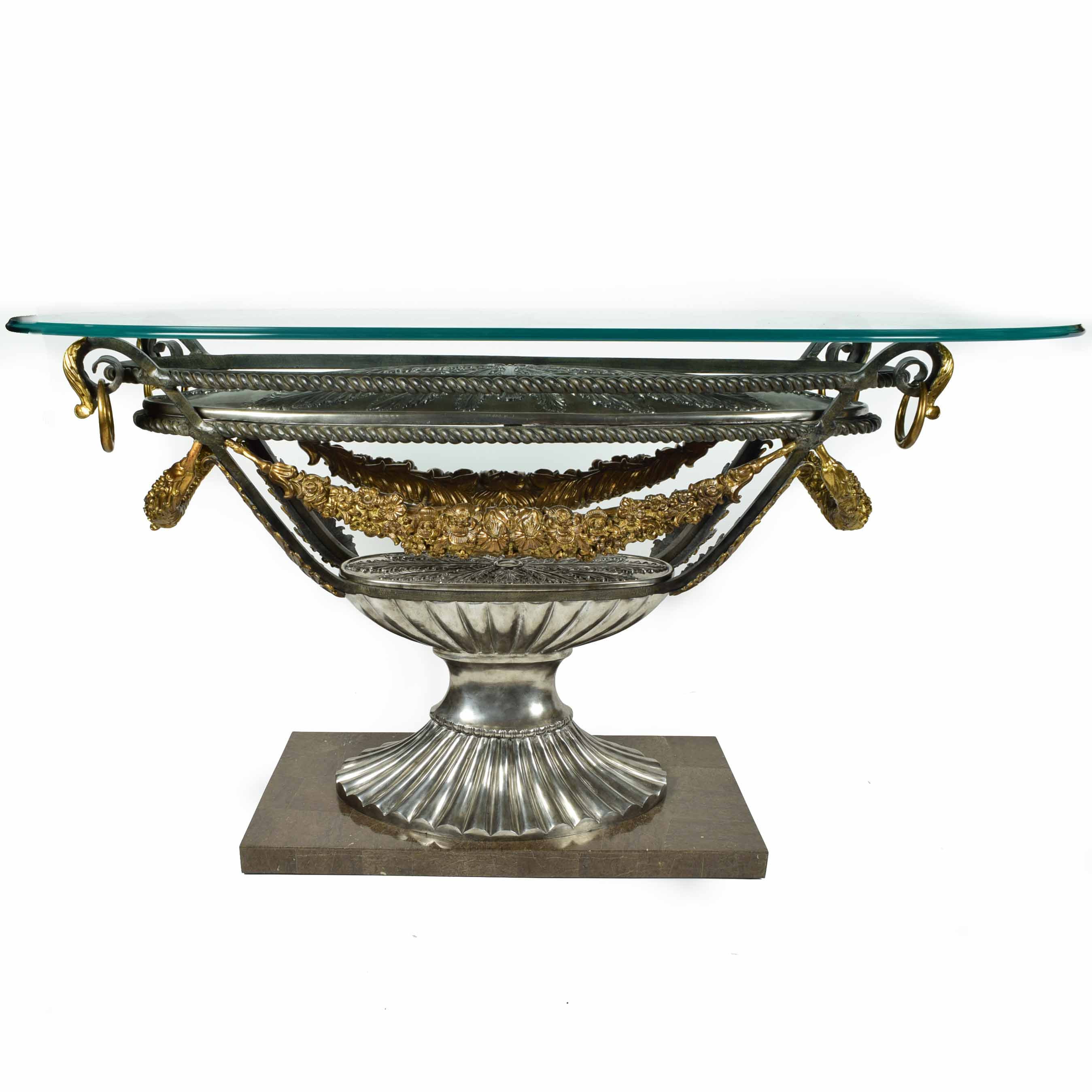 Rococo Style Glass Top Wrought Iron and Brass Console Table