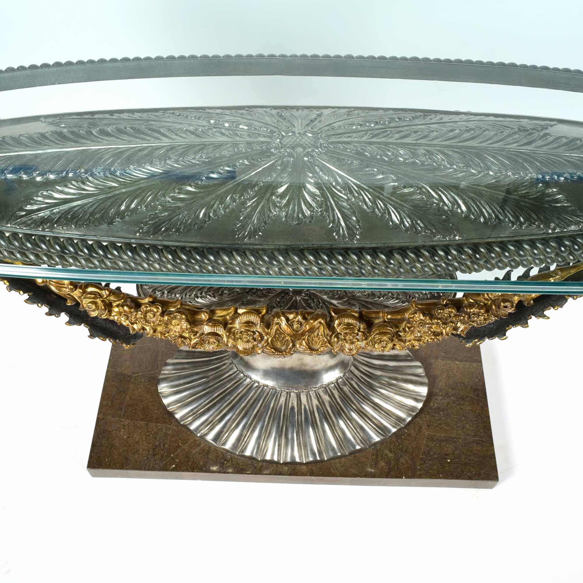 Rococo Style Glass Top Wrought Iron and Brass Console Table