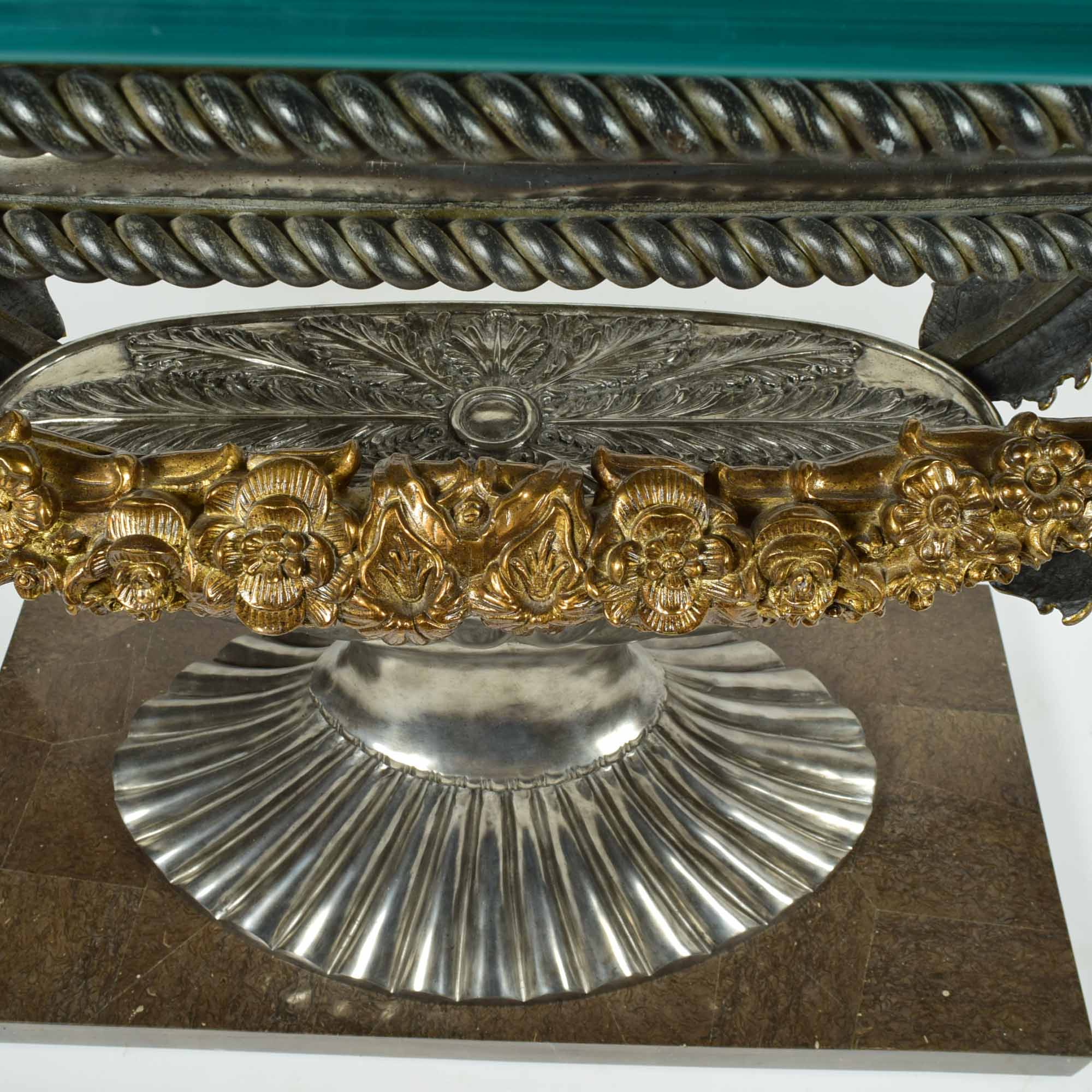 Rococo Style Glass Top Wrought Iron and Brass Console Table