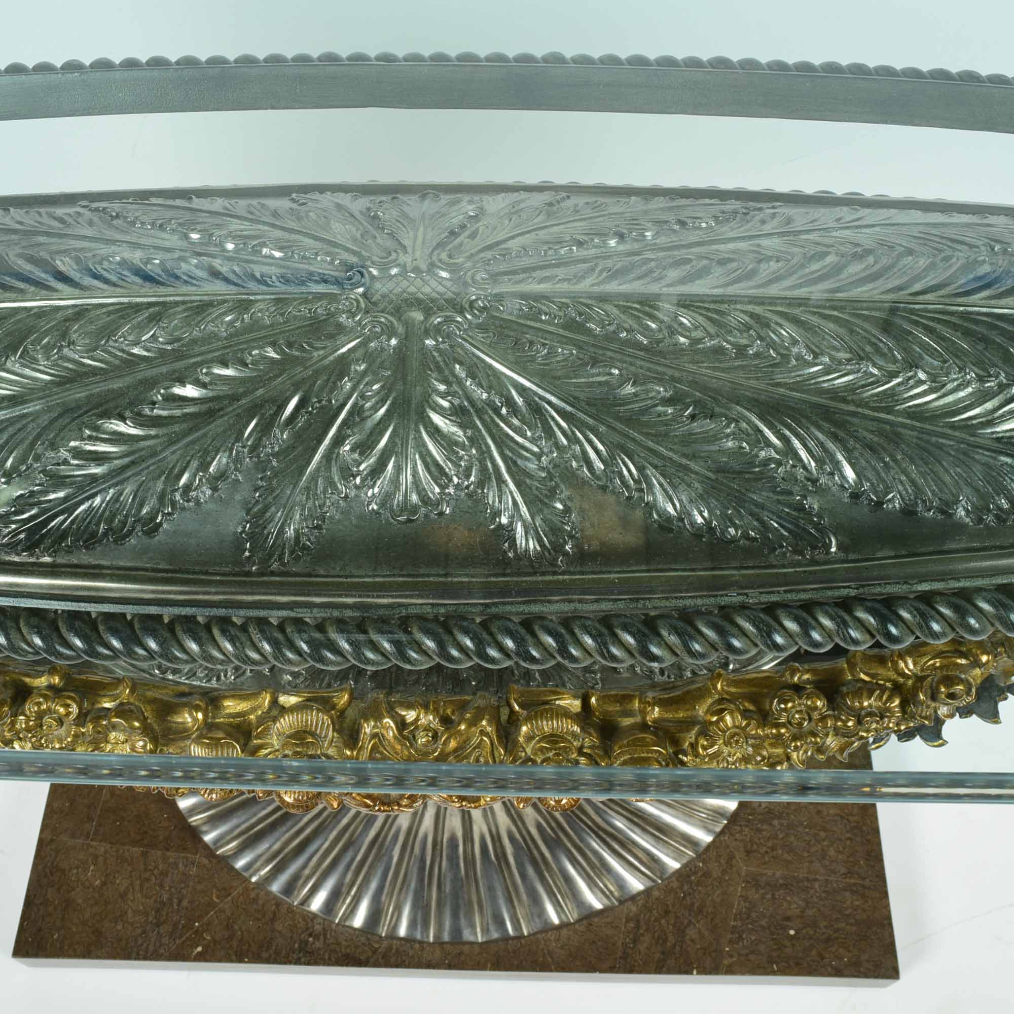 Rococo Style Glass Top Wrought Iron and Brass Console Table