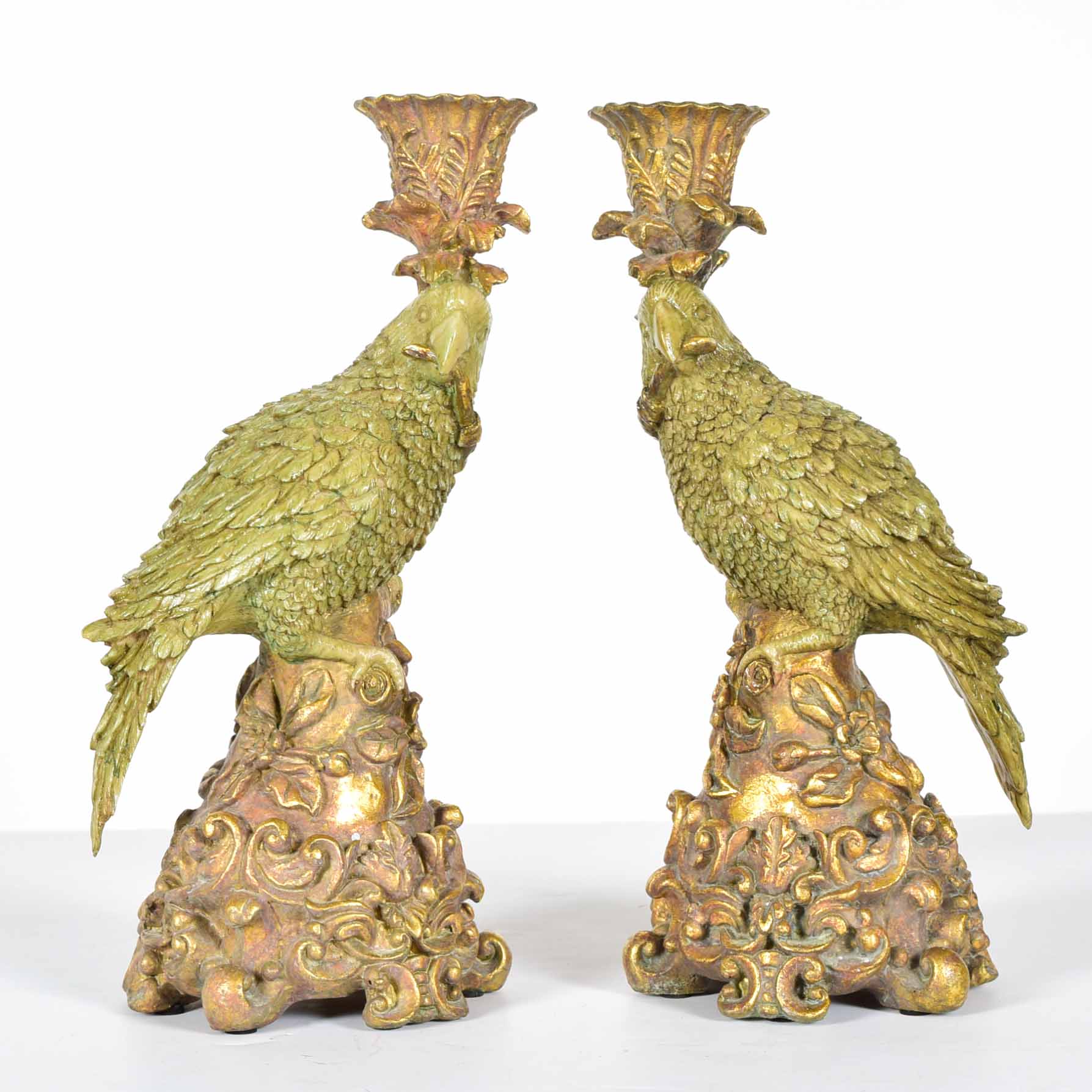 Vintage Dick Hsiao Hand-Painted Parrot Candlestick Pair