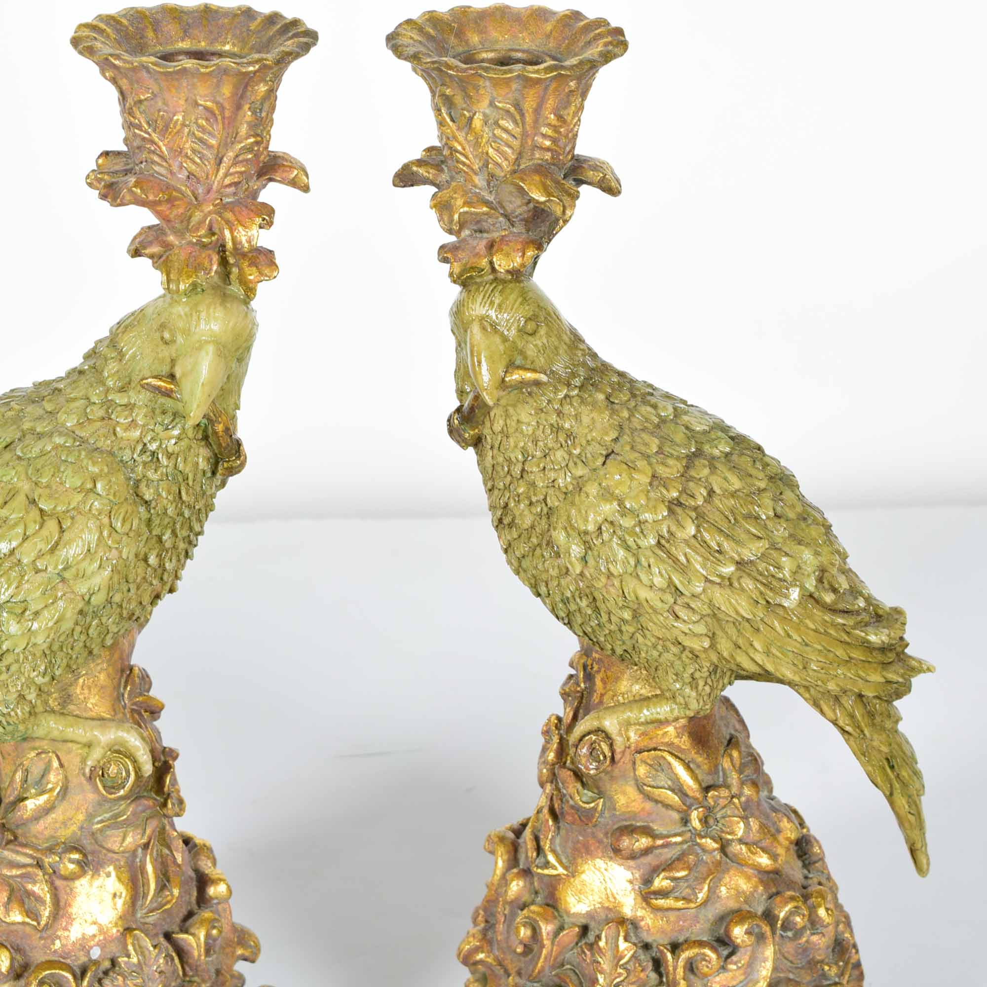Vintage Dick Hsiao Hand-Painted Parrot Candlestick Pair