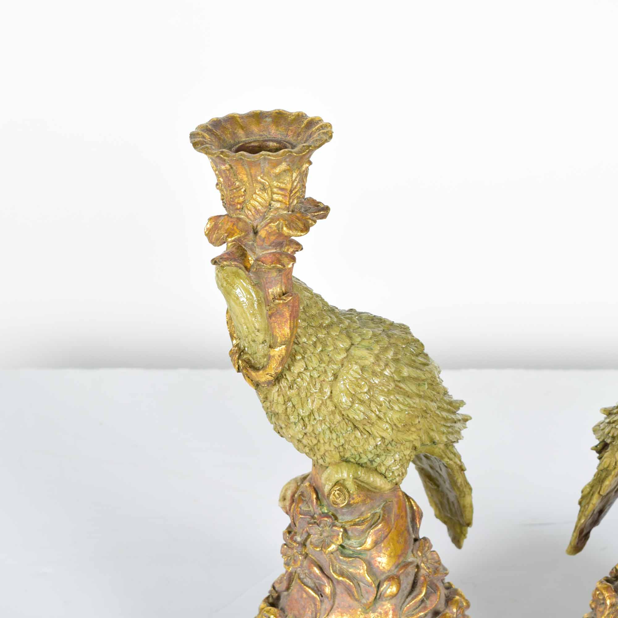Vintage Dick Hsiao Hand-Painted Parrot Candlestick Pair