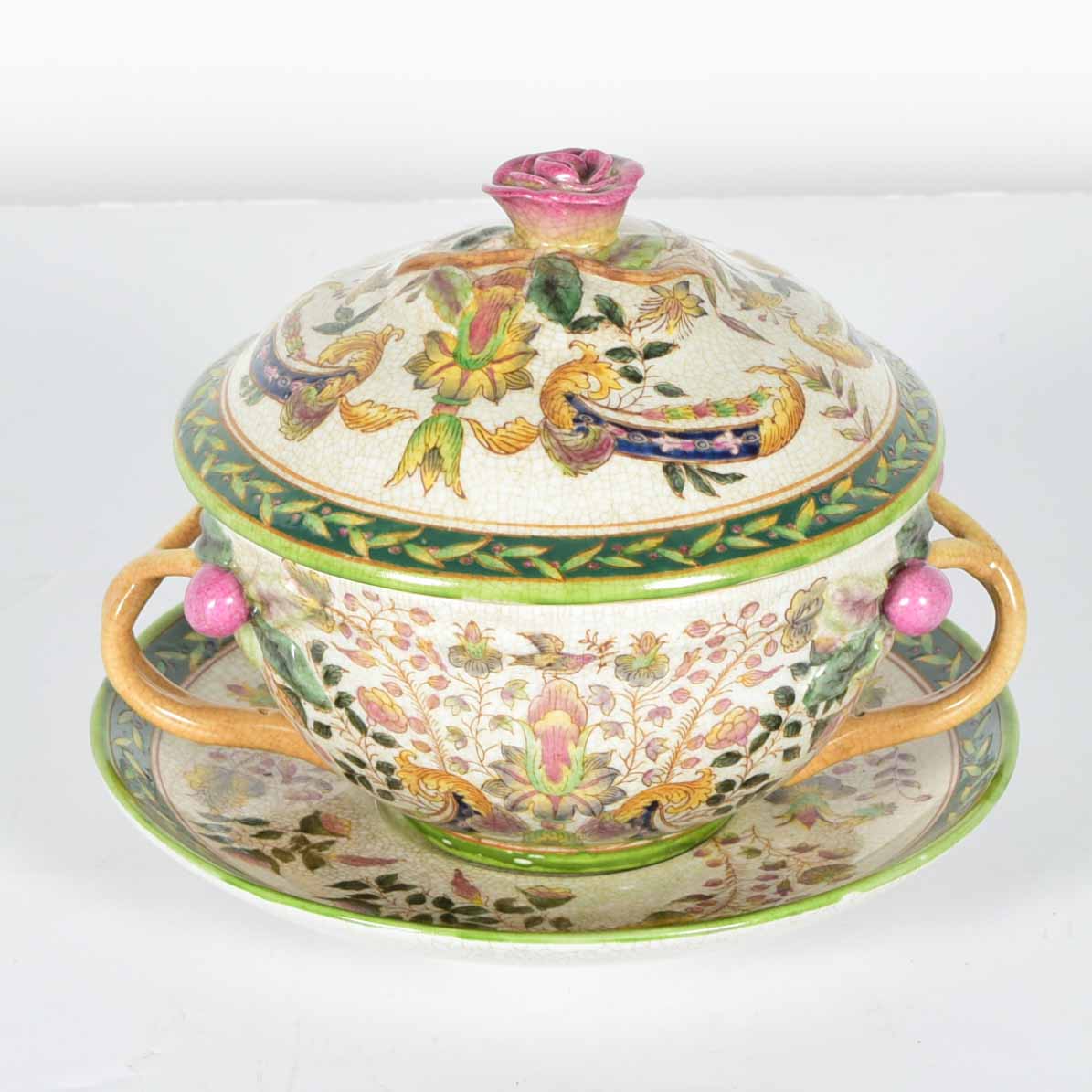 Hand-Painted Chinese Covered Bowl and Plate