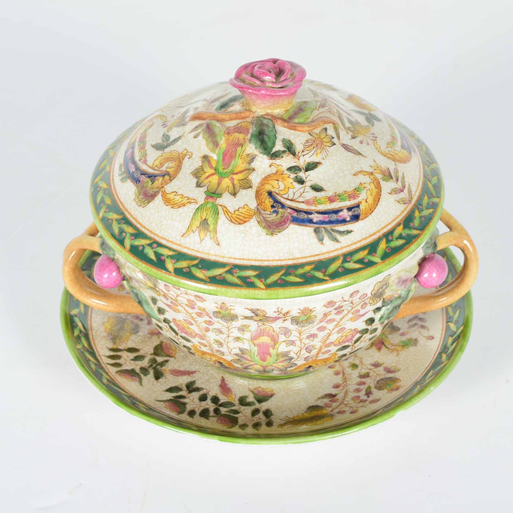 Hand-Painted Chinese Covered Bowl and Plate