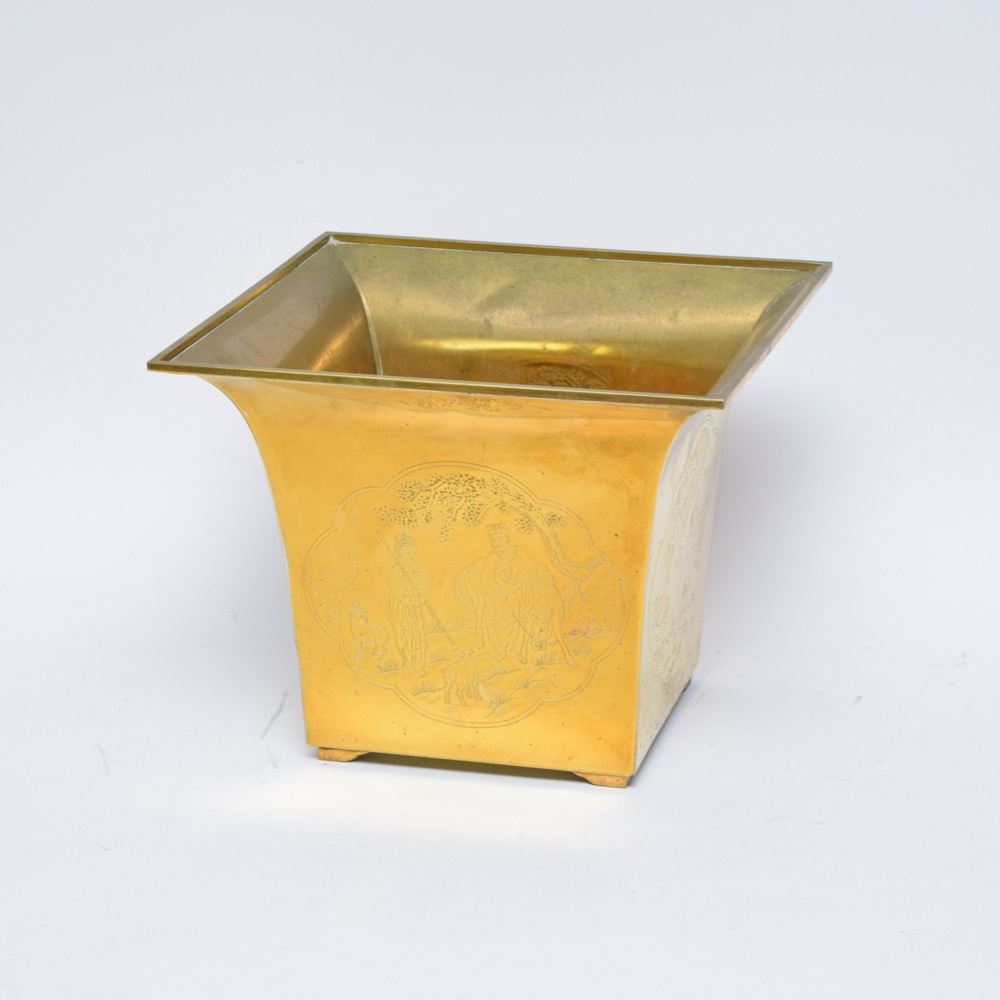 Large Asian Influenced Square Brass Planter