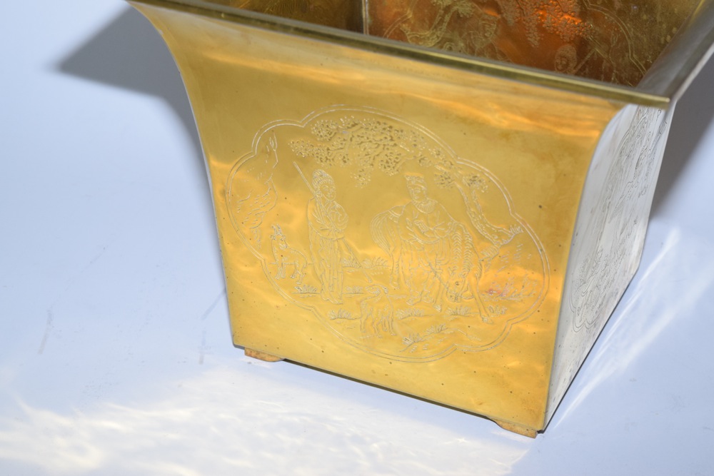 Large Asian Influenced Square Brass Planter