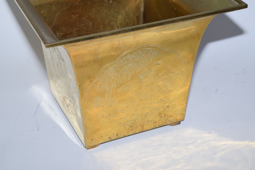 Large Asian Influenced Square Brass Planter