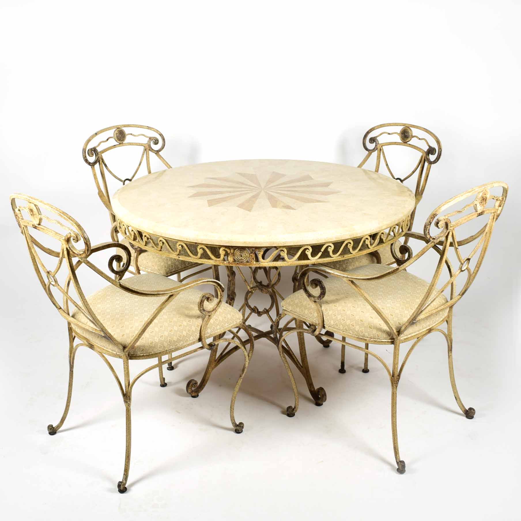 Marble Look and Wrought Iron Starburst Inlay Table and Four Chairs