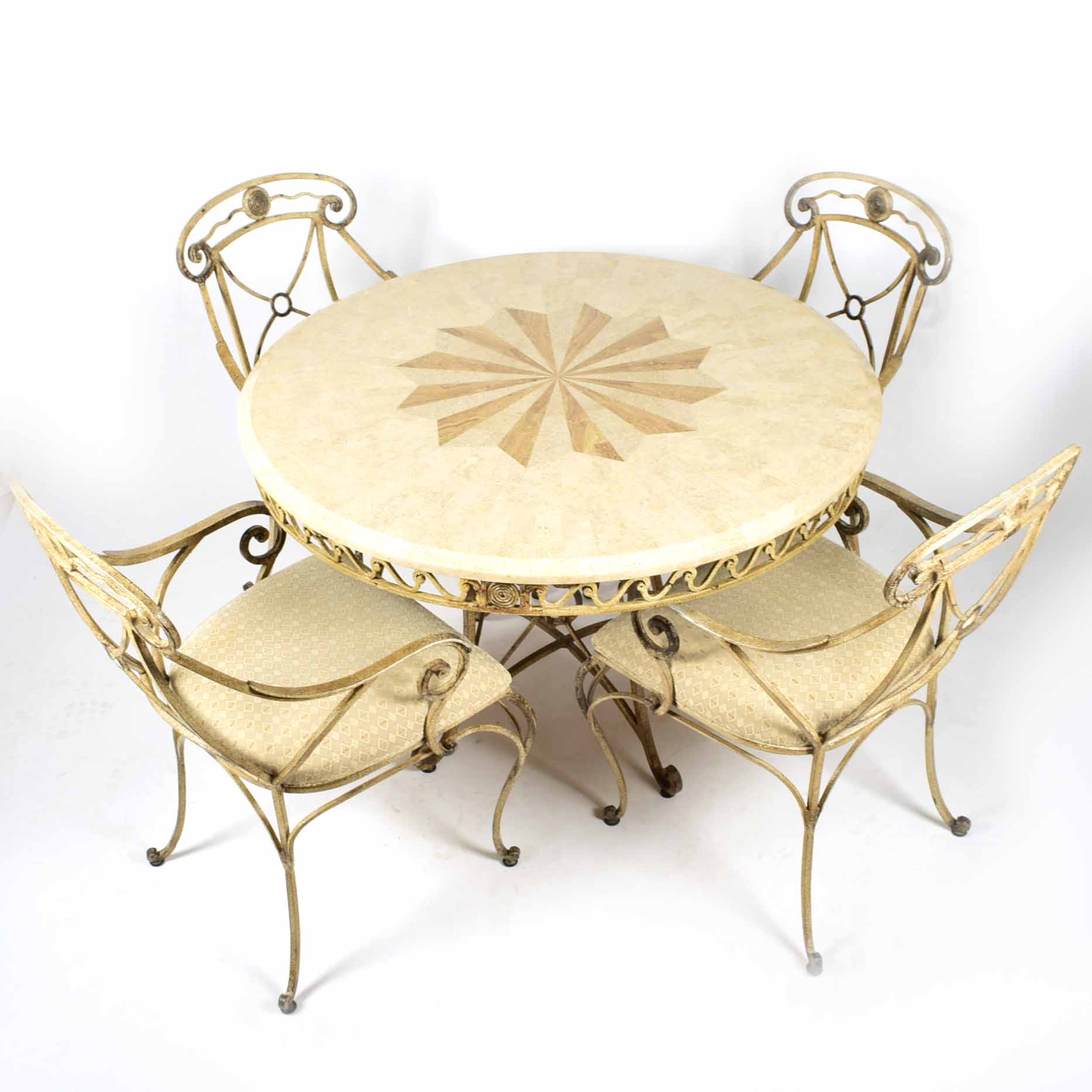 Marble Look and Wrought Iron Starburst Inlay Table and Four Chairs