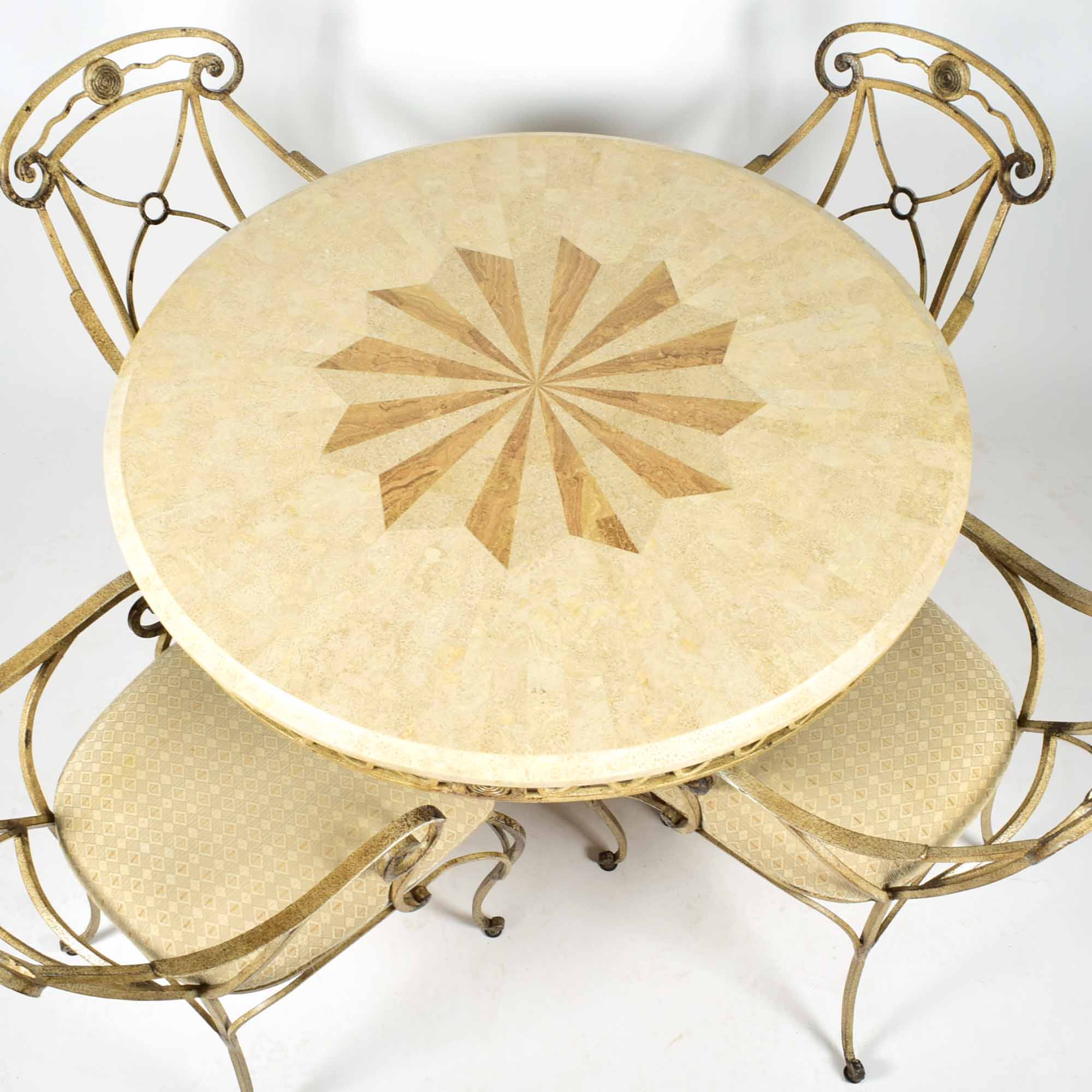 Marble Look and Wrought Iron Starburst Inlay Table and Four Chairs