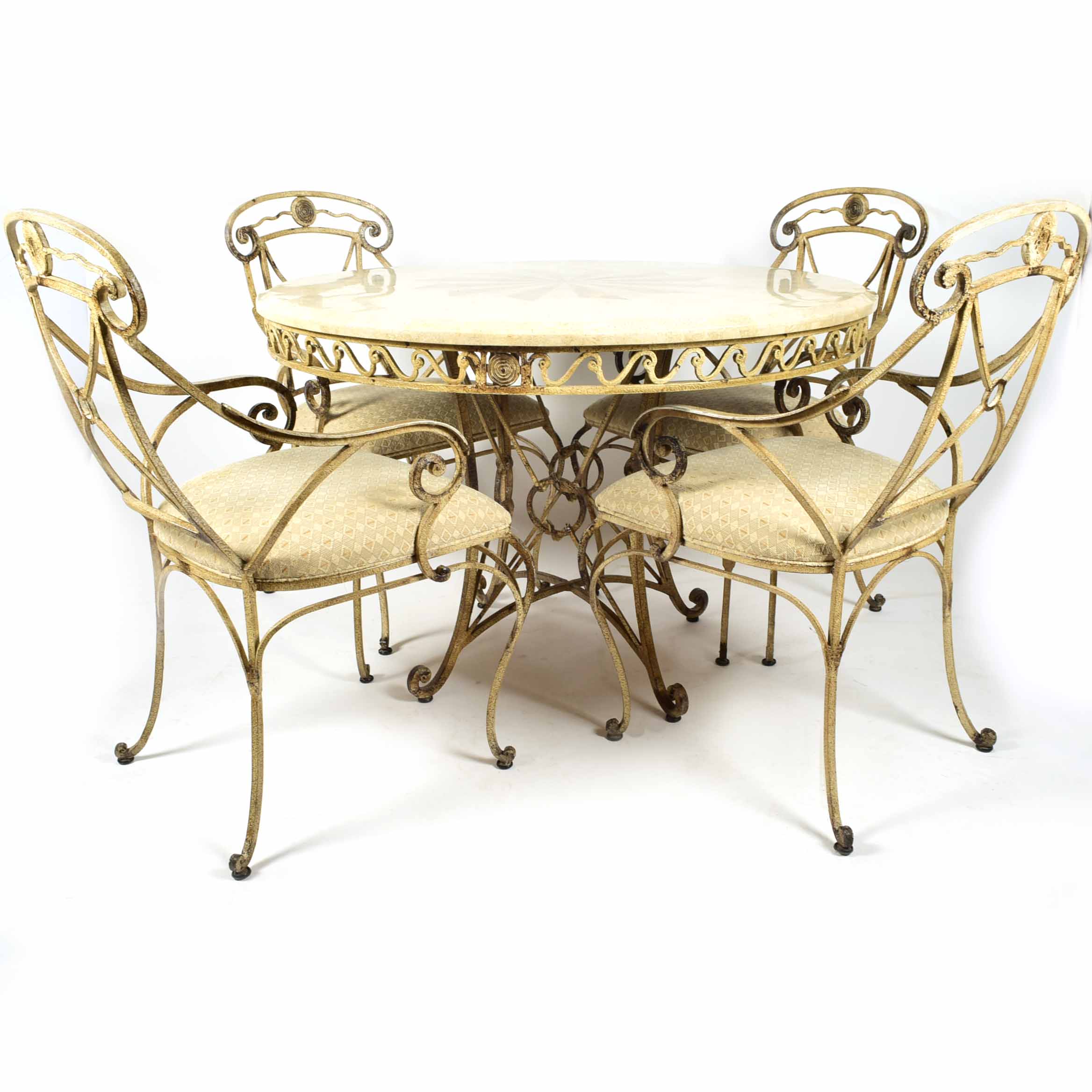 Marble Look and Wrought Iron Starburst Inlay Table and Four Chairs
