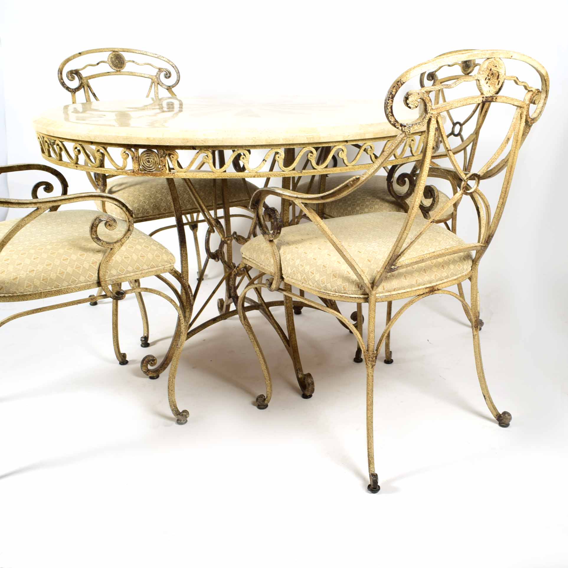 Marble Look and Wrought Iron Starburst Inlay Table and Four Chairs