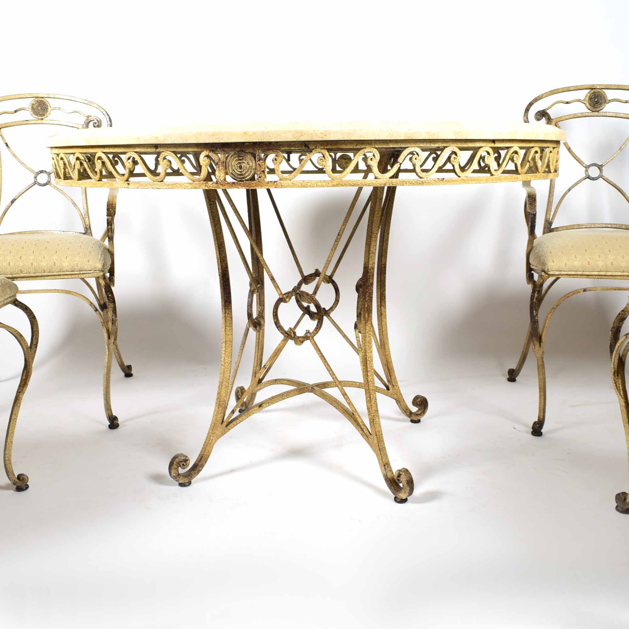 Marble Look and Wrought Iron Starburst Inlay Table and Four Chairs
