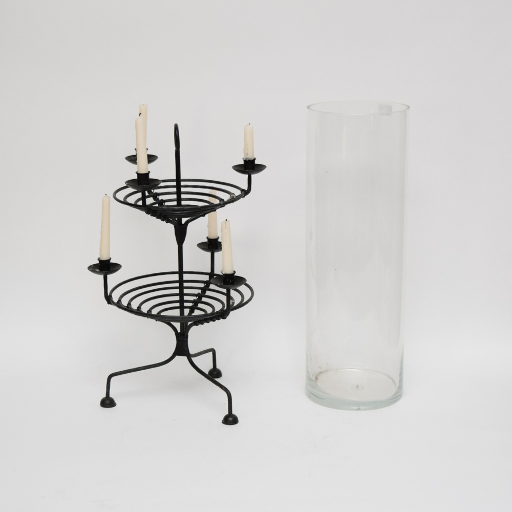 Extra Large Cylindrical Vase and Metalwork Candelabra