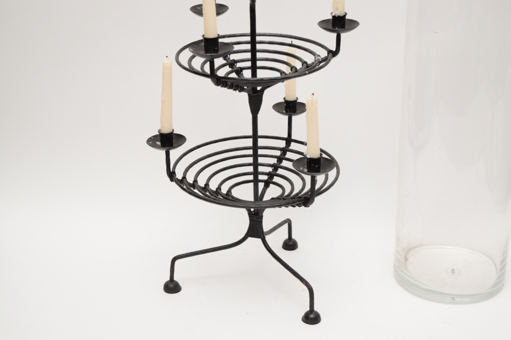 Extra Large Cylindrical Vase and Metalwork Candelabra