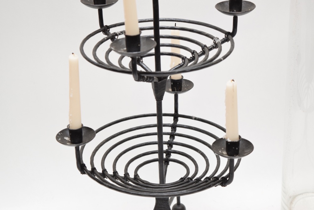 Extra Large Cylindrical Vase and Metalwork Candelabra