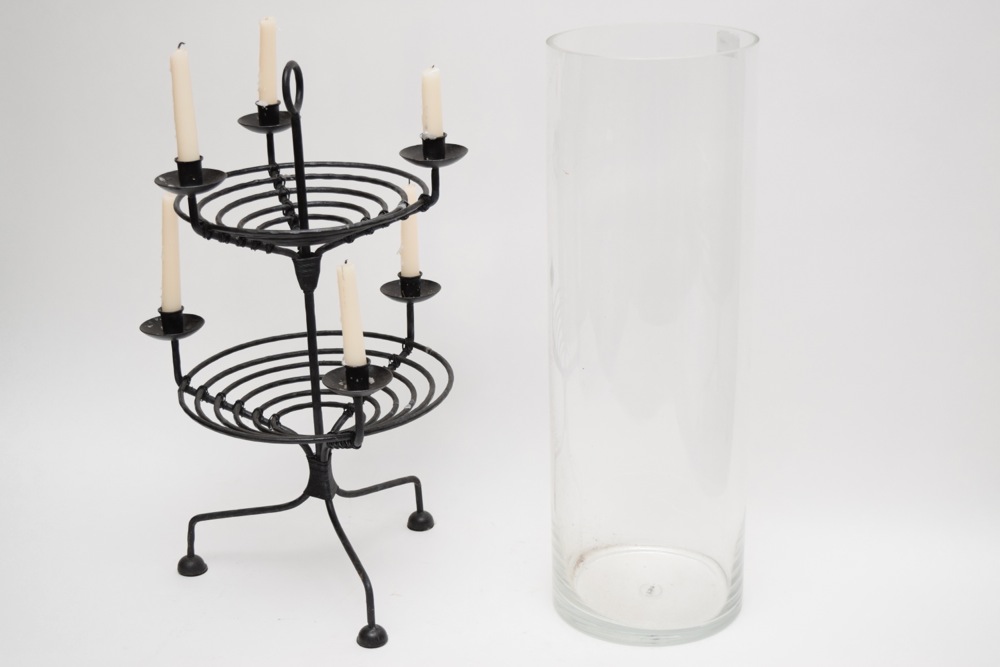 Extra Large Cylindrical Vase and Metalwork Candelabra