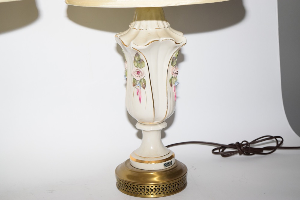 Pair of Vintage Cordey Porcelain Lamps with Silk Shades