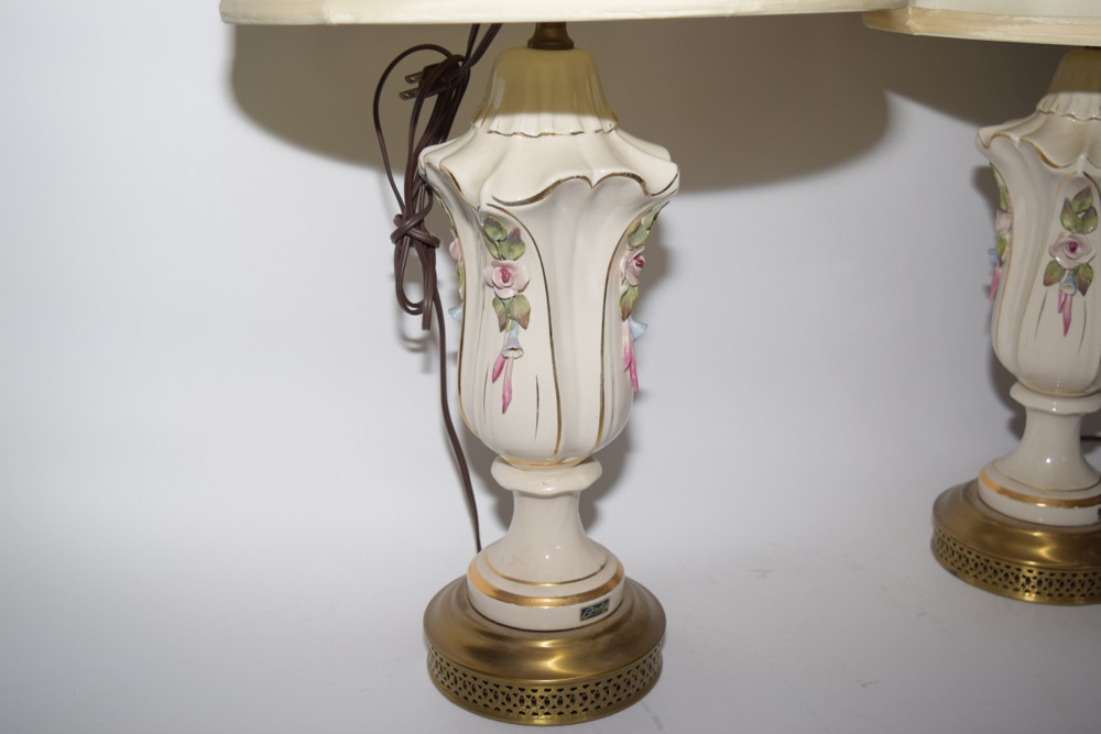 Pair of Vintage Cordey Porcelain Lamps with Silk Shades