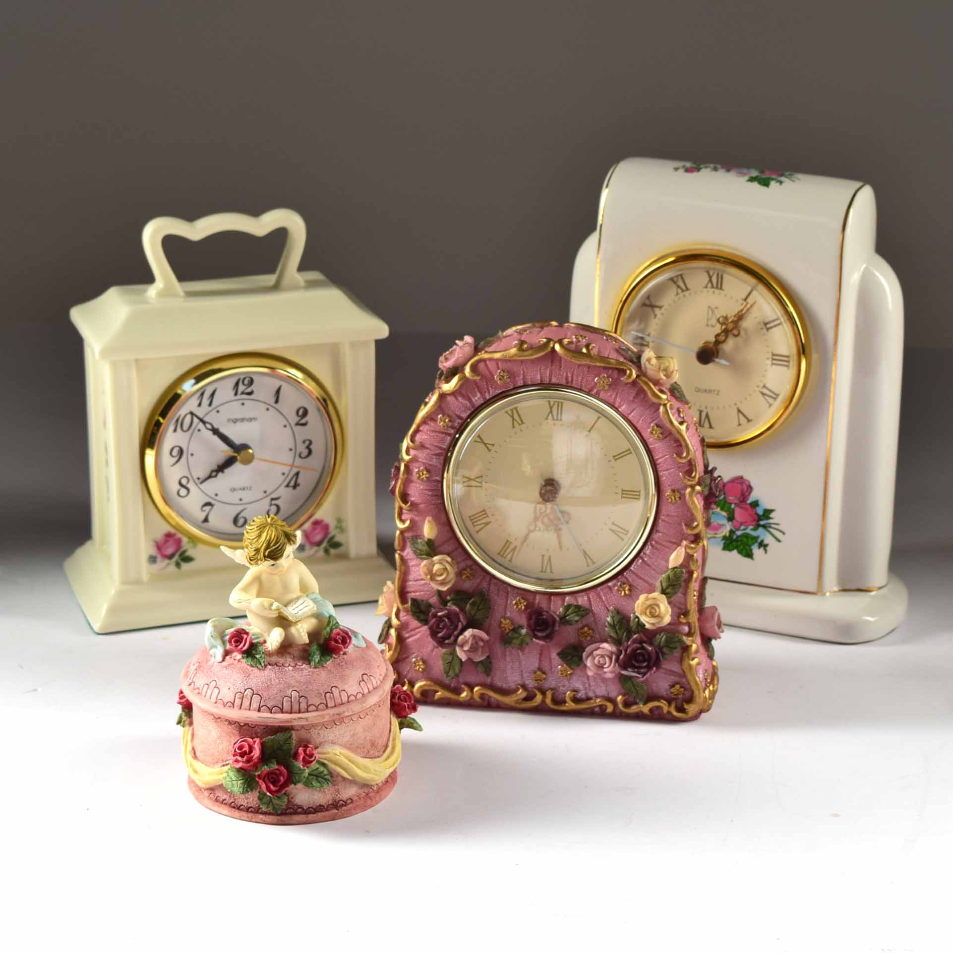 Rose Detailed Shelf Clocks and Trinket Box