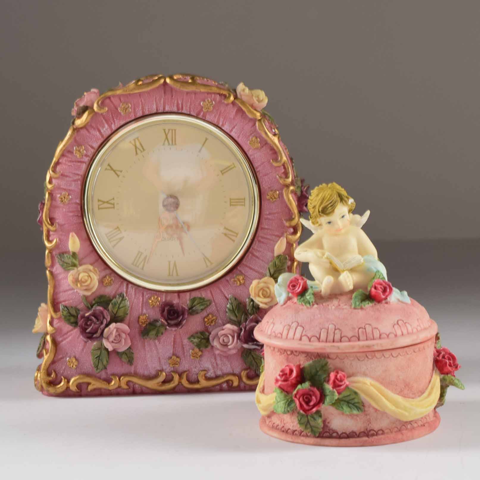 Rose Detailed Shelf Clocks and Trinket Box