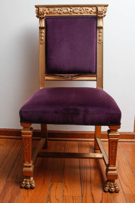 Gold Tone Wooden Chair With Purple Velveteen Upholstery