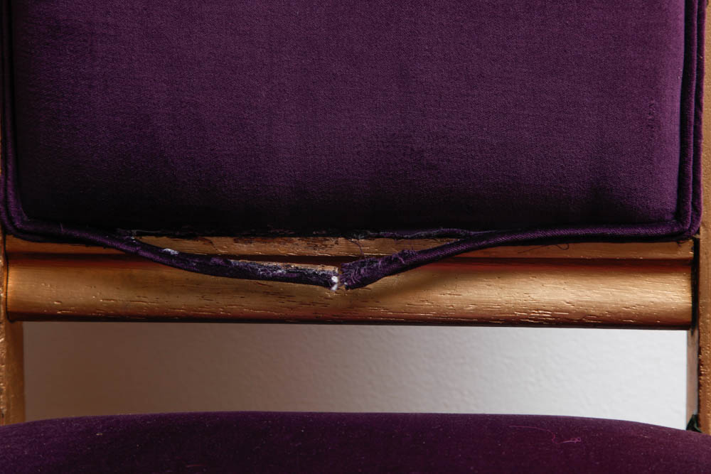 Gold Tone Wooden Chair With Purple Velveteen Upholstery