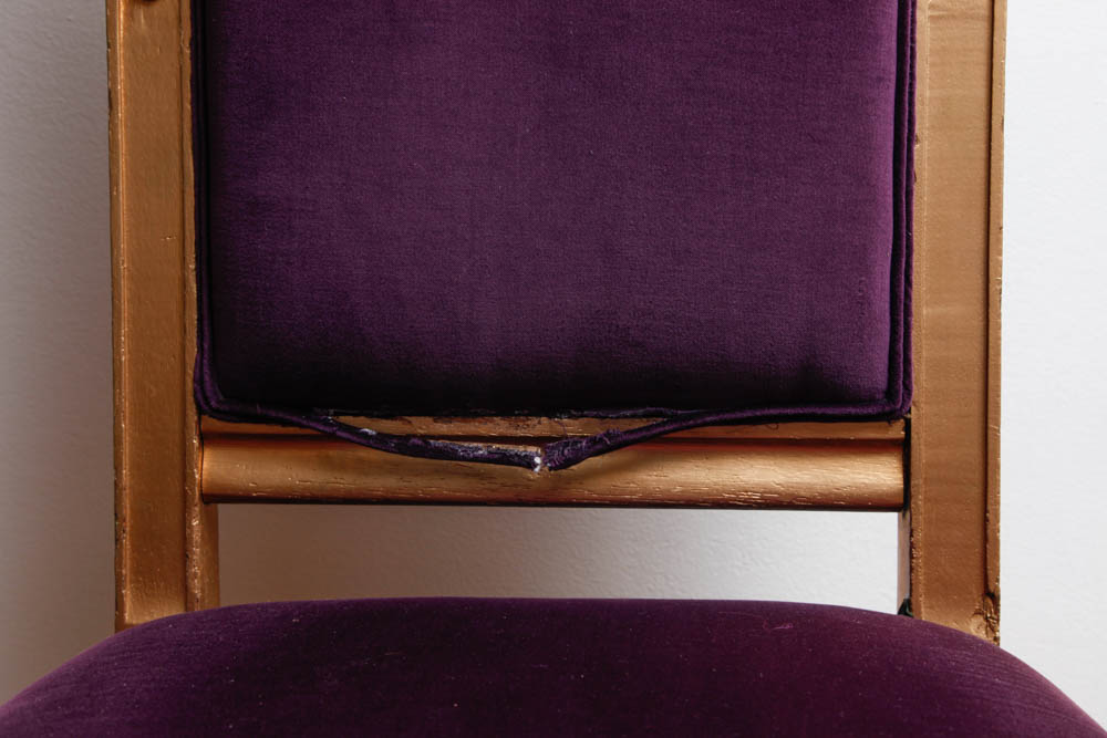 Gold Tone Wooden Chair With Purple Velveteen Upholstery