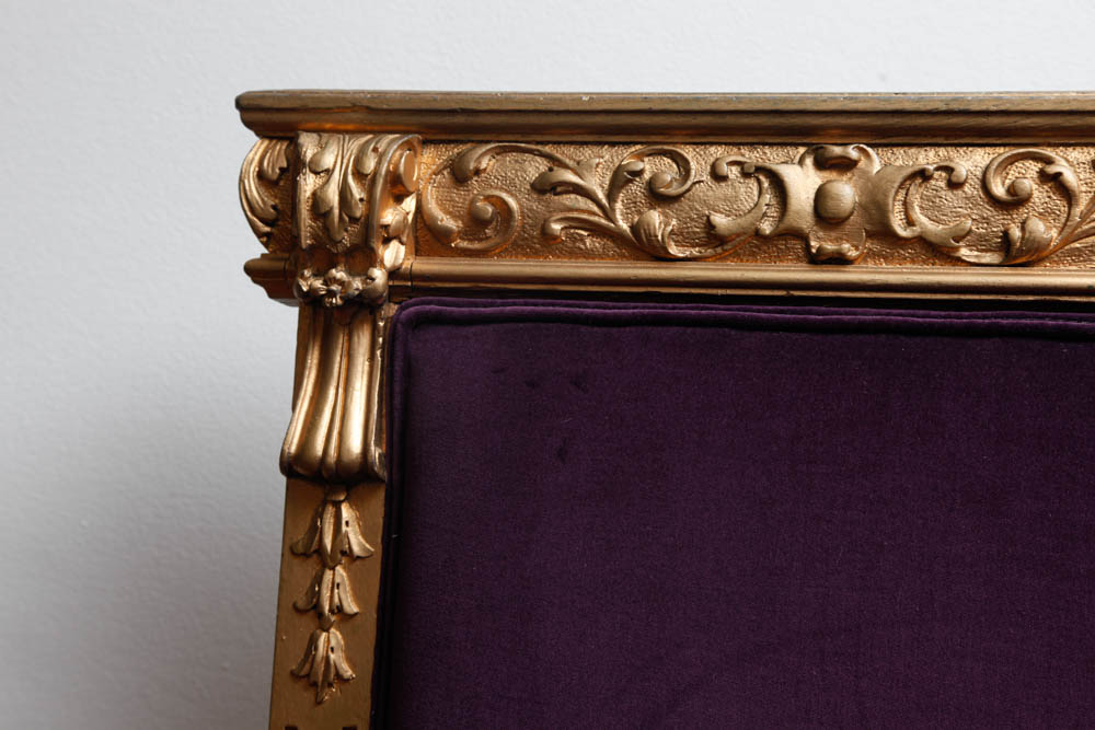 Gold Tone Wooden Chair With Purple Velveteen Upholstery