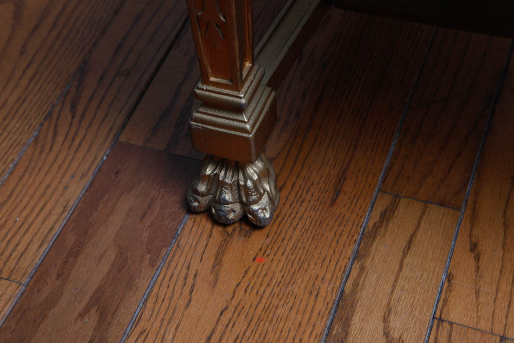 Gold Tone Wooden Chair With Purple Velveteen Upholstery