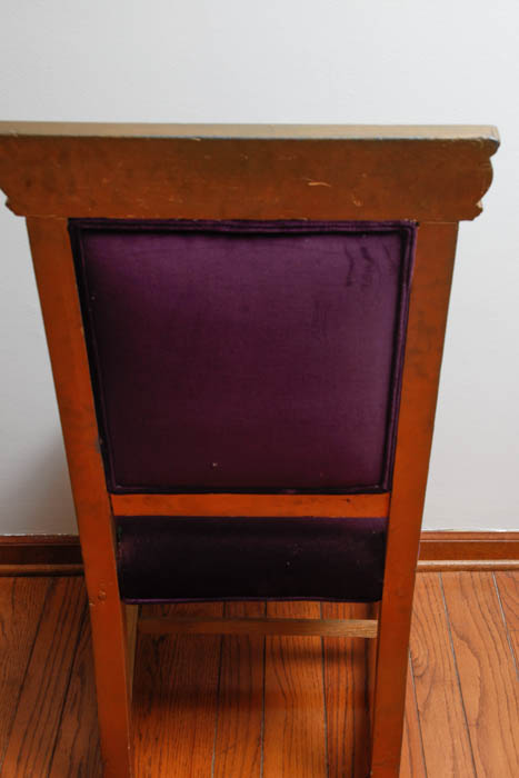 Gold Tone Wooden Chair With Purple Velveteen Upholstery