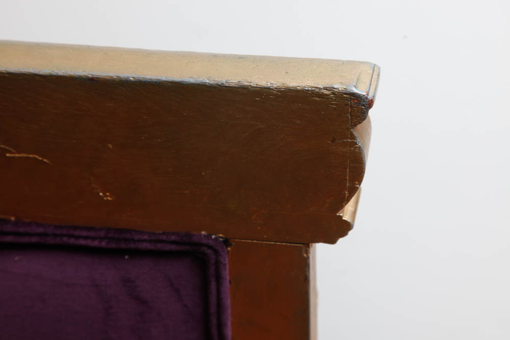 Gold Tone Wooden Chair With Purple Velveteen Upholstery