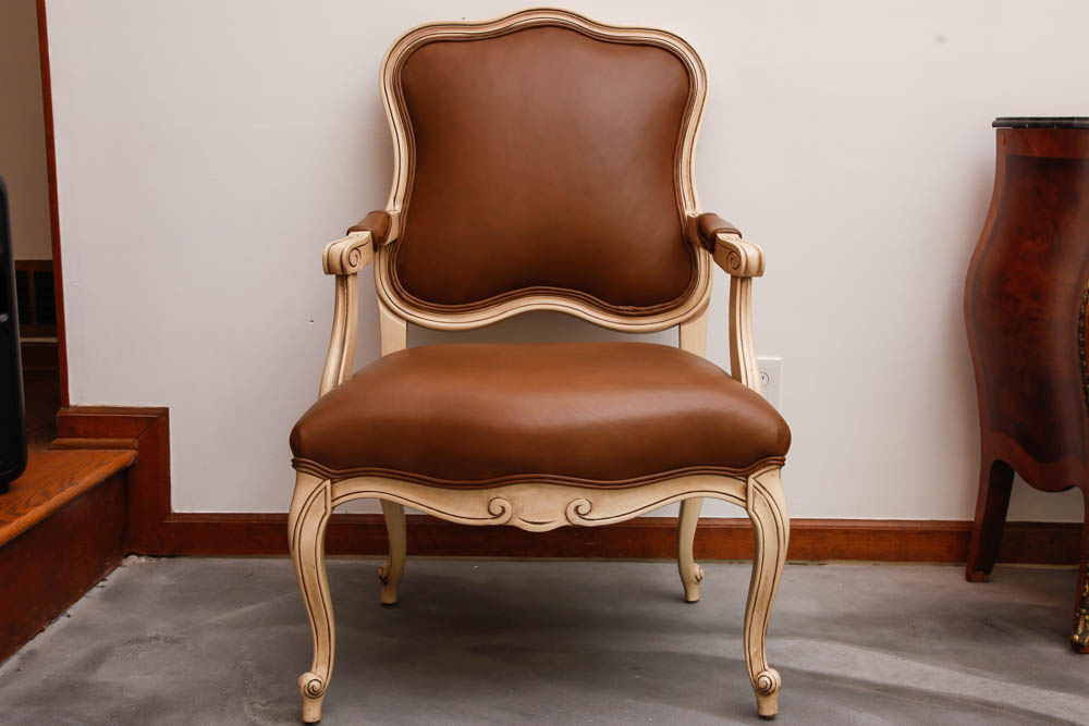 Tan Leather and Wood Armchair