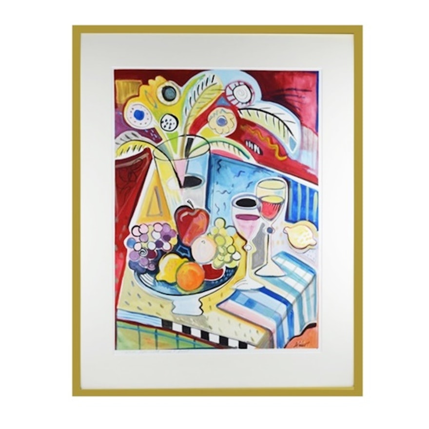 Original Amy Guist Acrylic "Still Life with Wine and Fruit", Matted and Framed