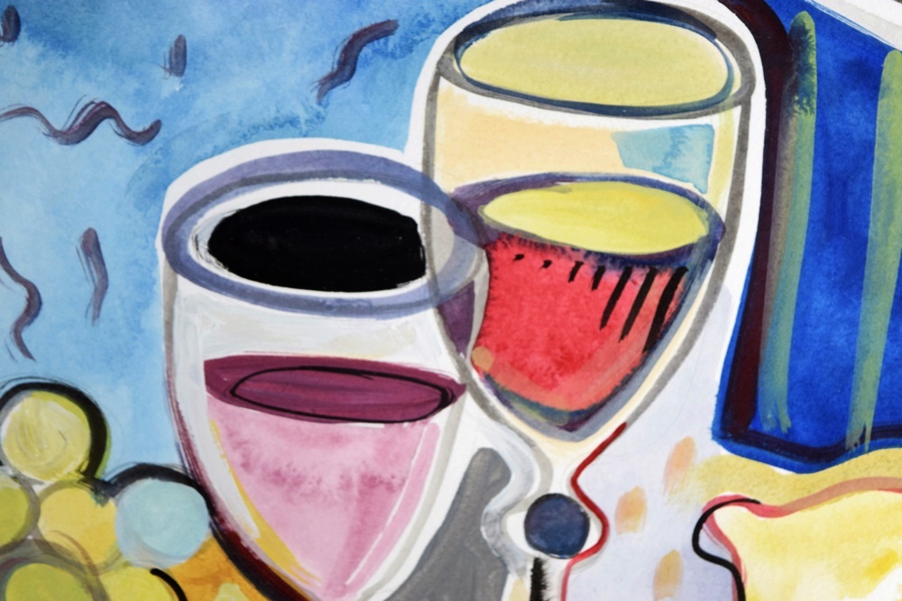 Original Amy Guist Acrylic "Still Life with Wine and Fruit", Matted and Framed