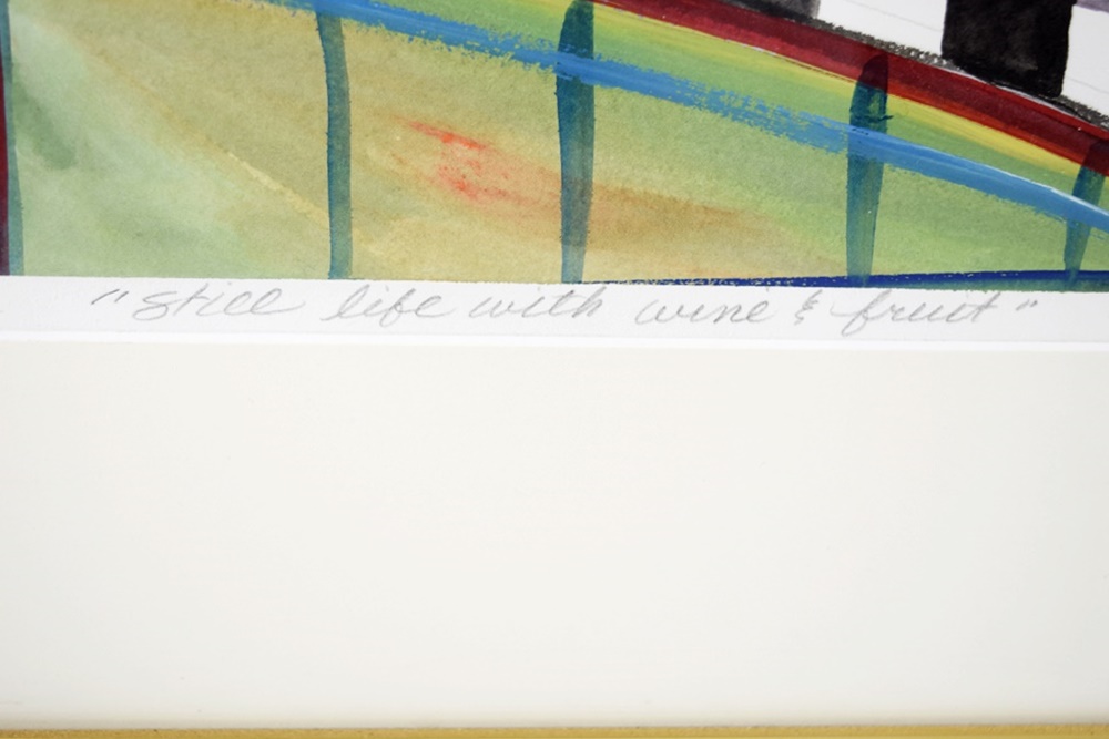 Original Amy Guist Acrylic "Still Life with Wine and Fruit", Matted and Framed