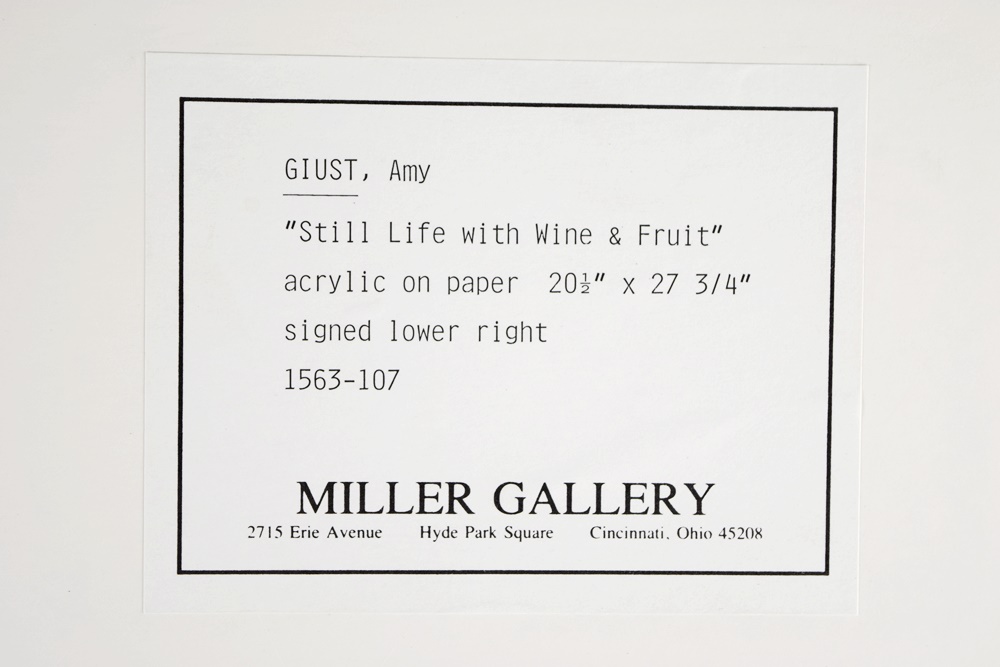 Original Amy Guist Acrylic "Still Life with Wine and Fruit", Matted and Framed