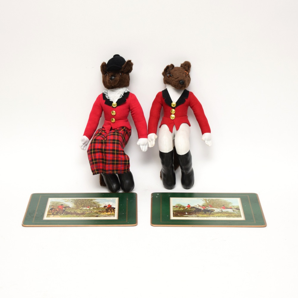 Pair of Fox Hunting Themed Stuffed Mantel Foxes and Place Mats